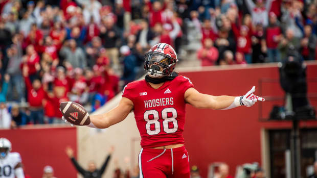 Indiana's AJ Barner (88) celebrates a touchdown during the first half of the Indiana versus Penn State football game at Memorial Stadium on Satruday, Nov. 5, 2022. Iu Psu Fb Barner Cele 1